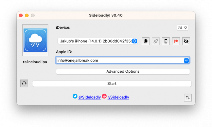 Screenshot of Sideloadly IPA installer for iOS.