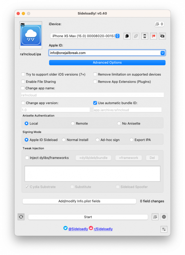 Screenshot of main window of the Sideloadly app for macOS.