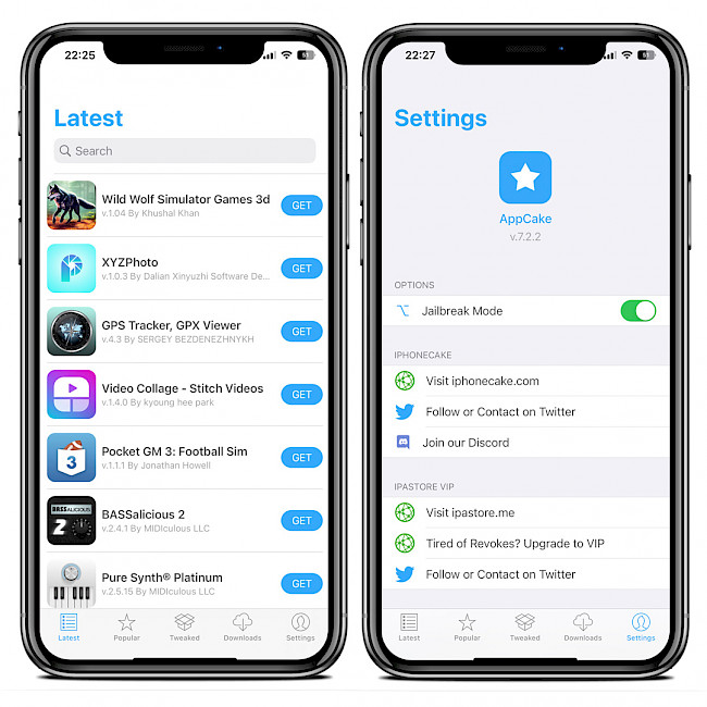 Two iPhone screens showing AppCake app interface and Settings page on iOS 15.