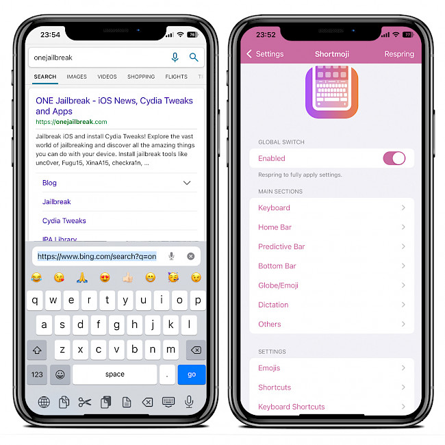 Two iPhone screens showing the Shortmoji tweak settings page and enhanced keyboard.