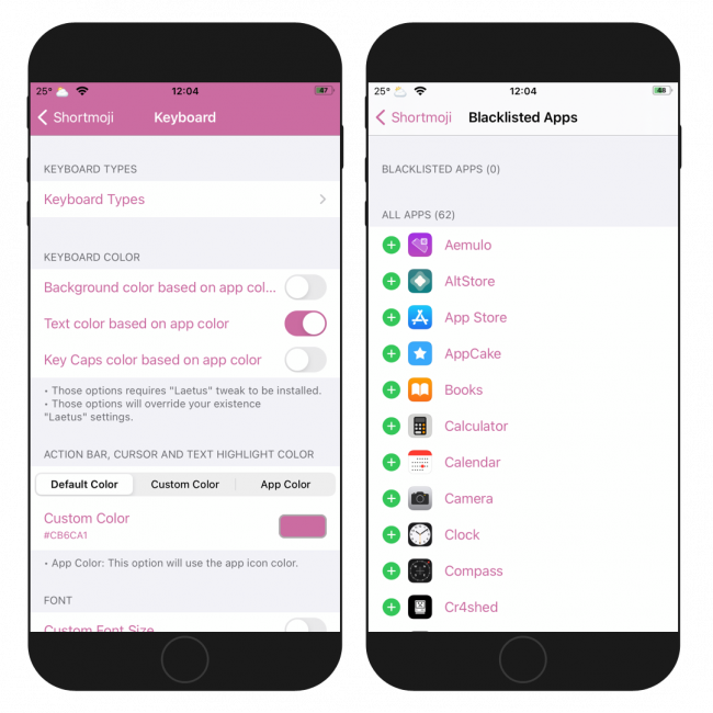 Two iPhone screens of Shortmoji 2 tweak running iOS 14.
