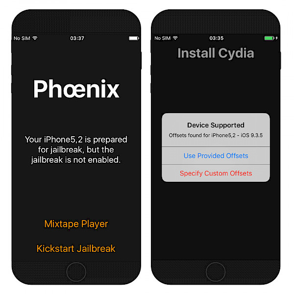 Two iPhone screens showing the Phoenix Jailbreak interface on iOS 9.