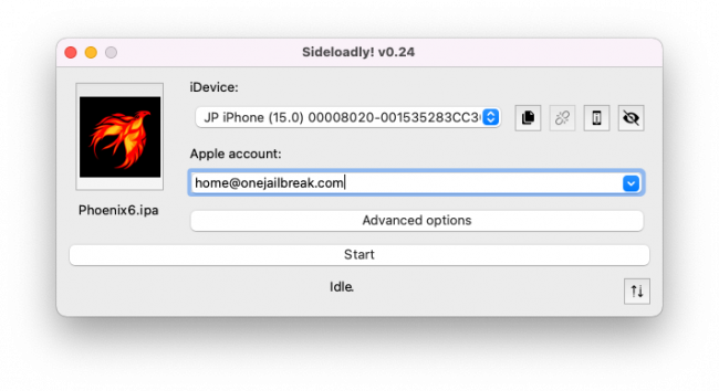 Screenshot of Sideloadly app main window with Phoenix6.ipa loaded.