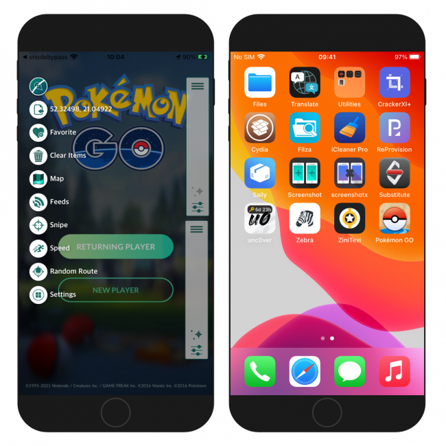 Two iPhone screens showing iPogo Pokemon Go app interface on iOS.
