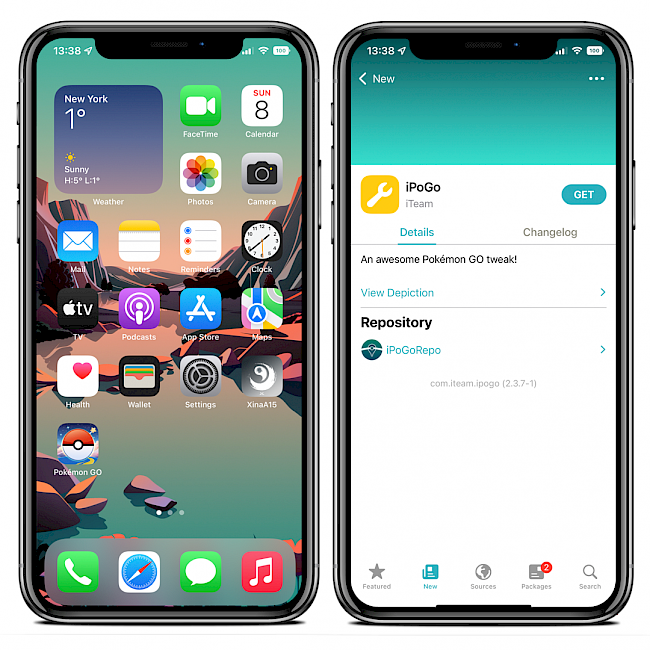 Two iPhone screens showing iPogo installed on iOS 15 Jailbreak and iPogo Repository package.