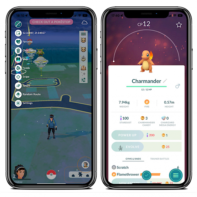Two iPhone screens showing iPogo Pokemon Go app interface on iOS.