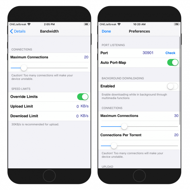 Two iPhone screens showing the iTransmission Preferences and Bandwidth settings.