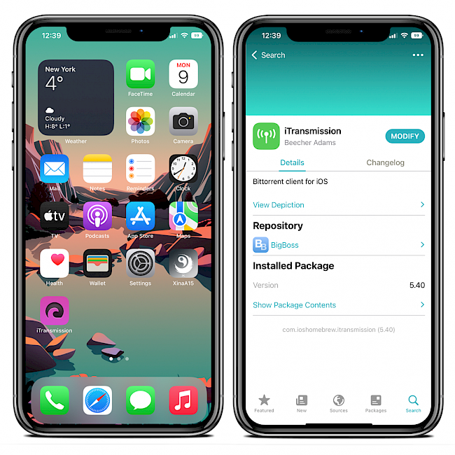 Two iPhone screens showing iTransmission app icon on iOS 15 Home Screen and iTransmission Repository.