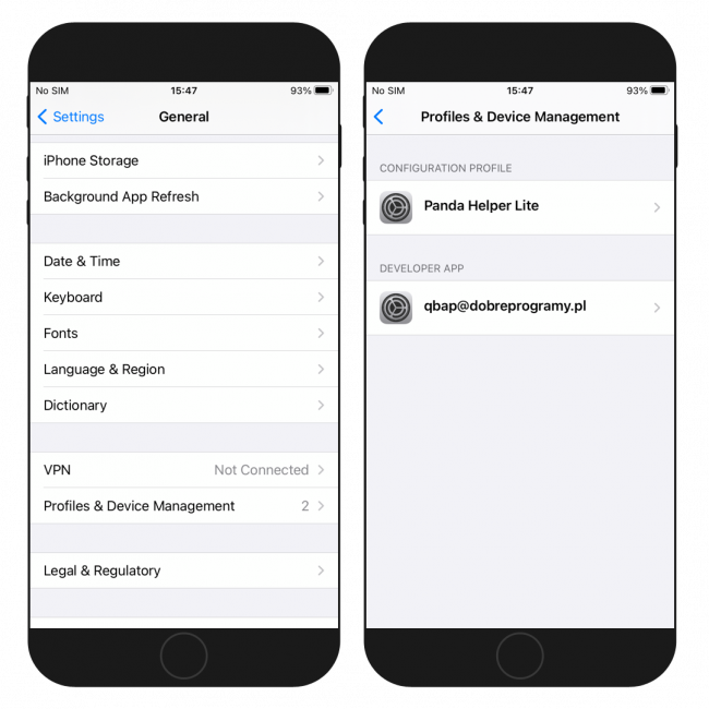 Two iPhone screens showing the General and Profiles and Device Management sections in the Settings app.