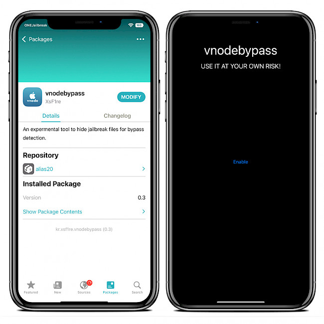 Two iPhone screens showing the vnodebypass tweak running on iOS 15.
