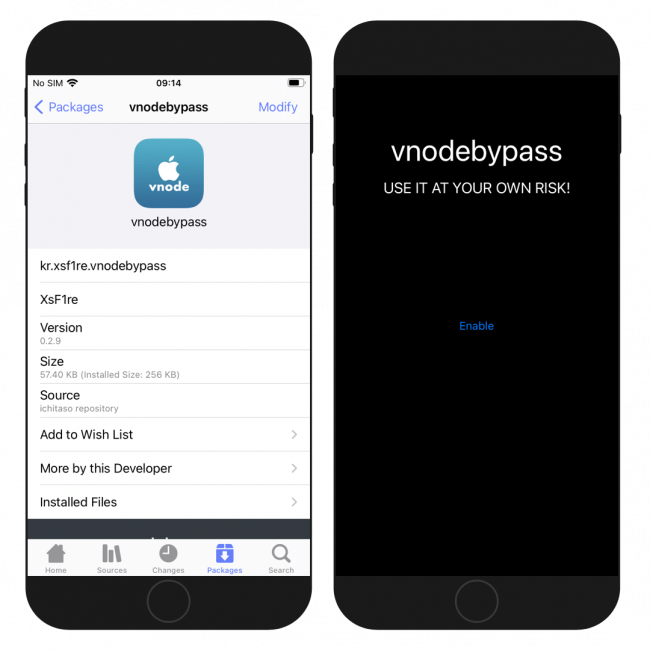 Two iPhone screens showing the vnodebypass tweak running on iOS 14.