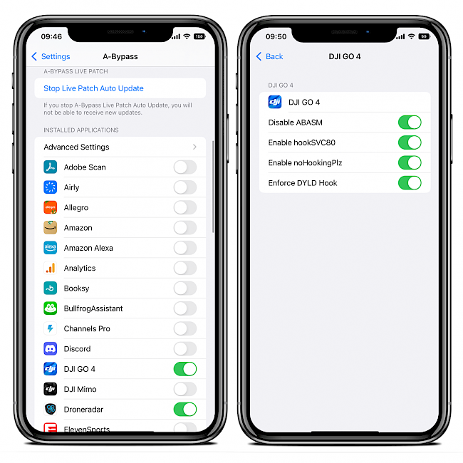 Two iPhone screens showing advanced jailbreak bypass settings in A-Bypass tweak on iOS 15.