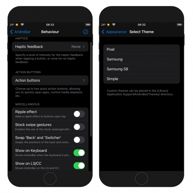 Two iPhone screens showing AndroBar Behaviour settings page and available bar themes.