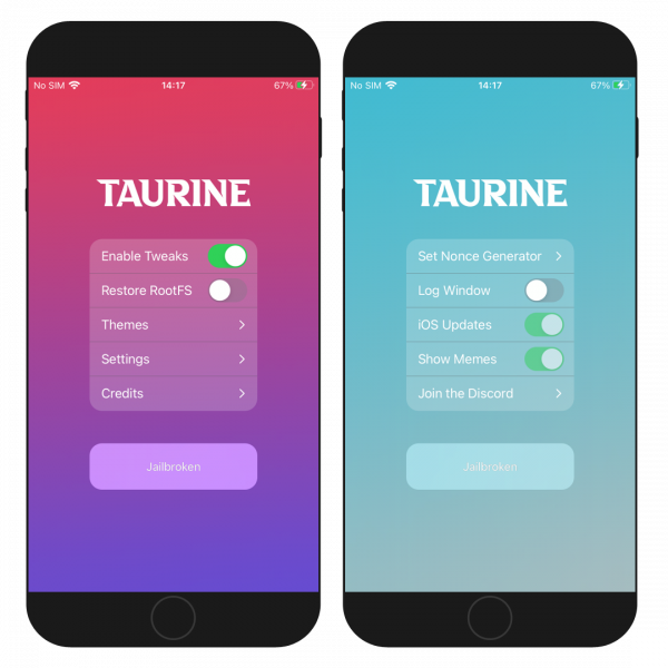Two iPhone screens showing the Taurine Jailbreak app interface for iOS 14.