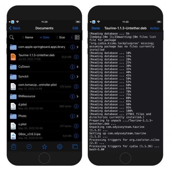 Two iPhone's screenshots showing the process of installation the Taurine Jailbreak Untether.