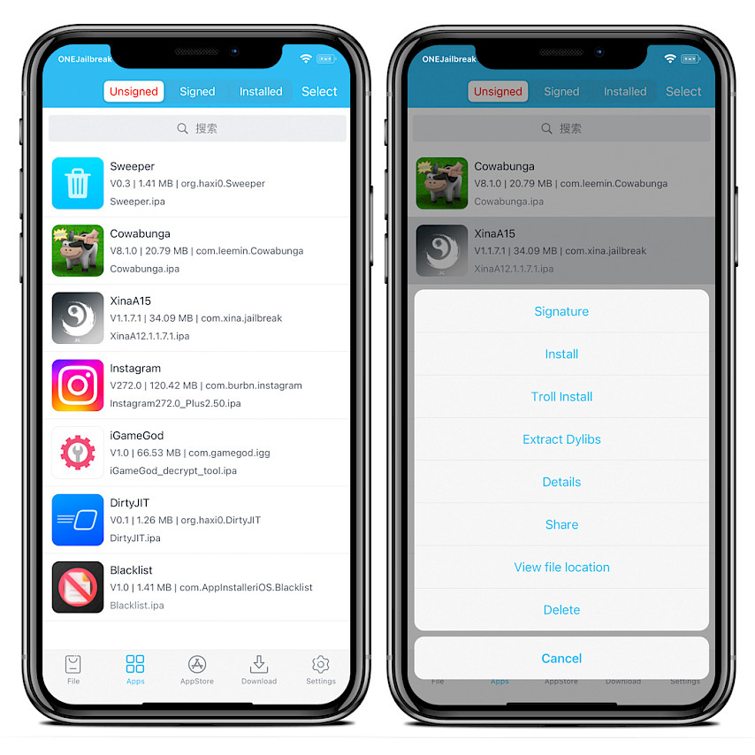 To iPhone-skærme, der viser Esign-appens brugerflade på iOS.