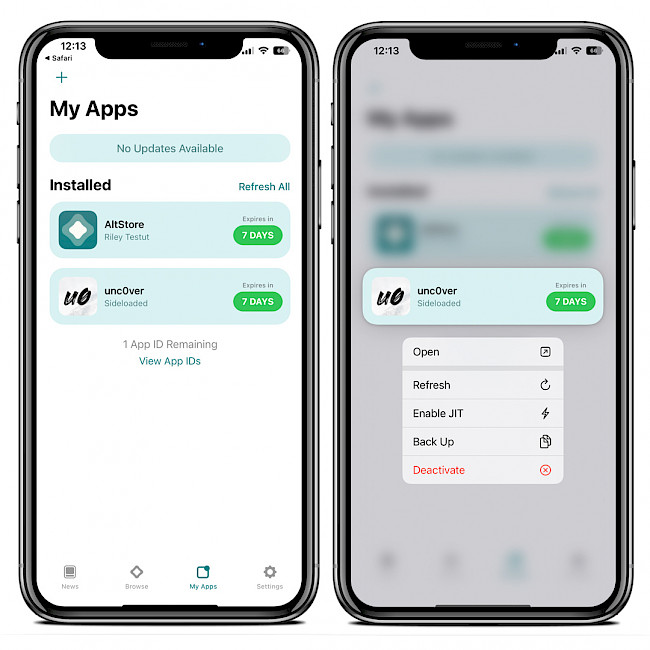 Two iPhone screens showing the AltStore app interface running on iOS 15.