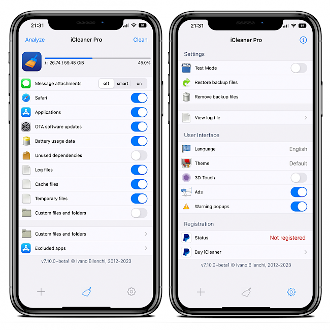Two iPhone screens showing the iCleaner Pro App running on iOS 15.