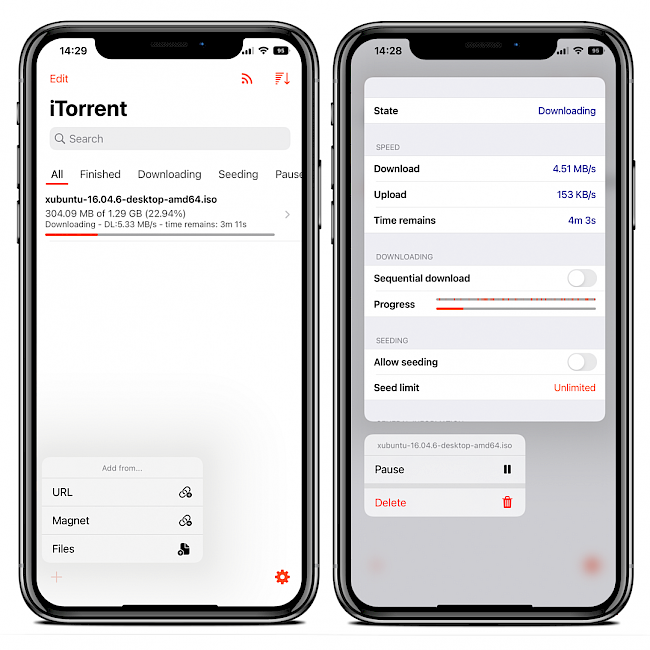 Two iPhone screens showing the iTorrent for iOS app interface and preferences.