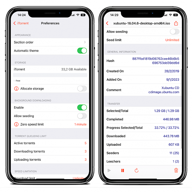 Two iPhone screens showing the torrent details in iTorrent preferences pane running on iOS 15.