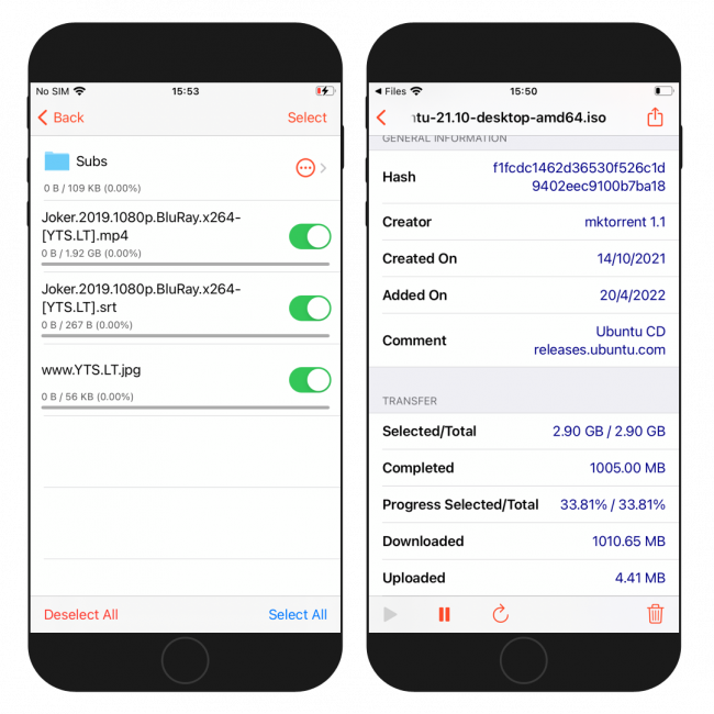 Two iPhone screens showing the torrent details in iTorrent app running on iOS 14.