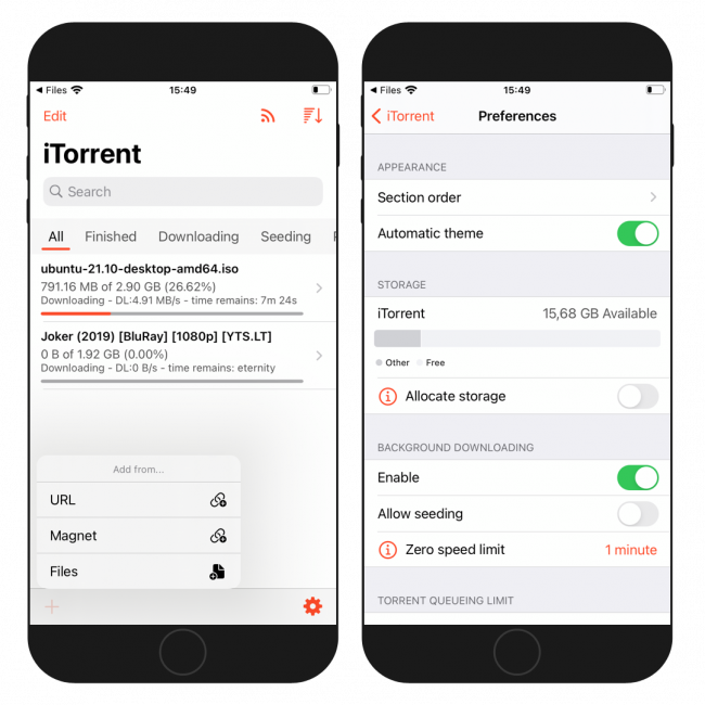 Two iPhone screens showing the iTorrent for iOS app interface and preferences.