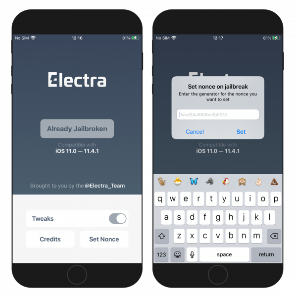 Two iPhone screens showing the Electra Jailbreak running on iOS 11.