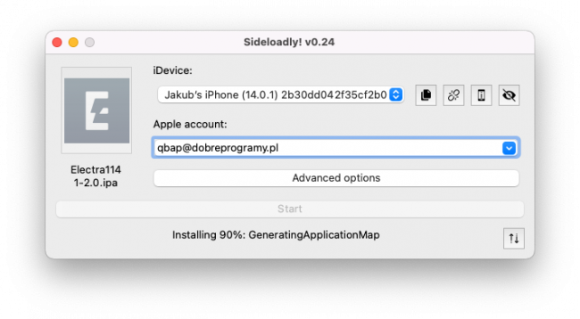 Screenshot of Sideloadly app while installing Electra IPA on iOS 11