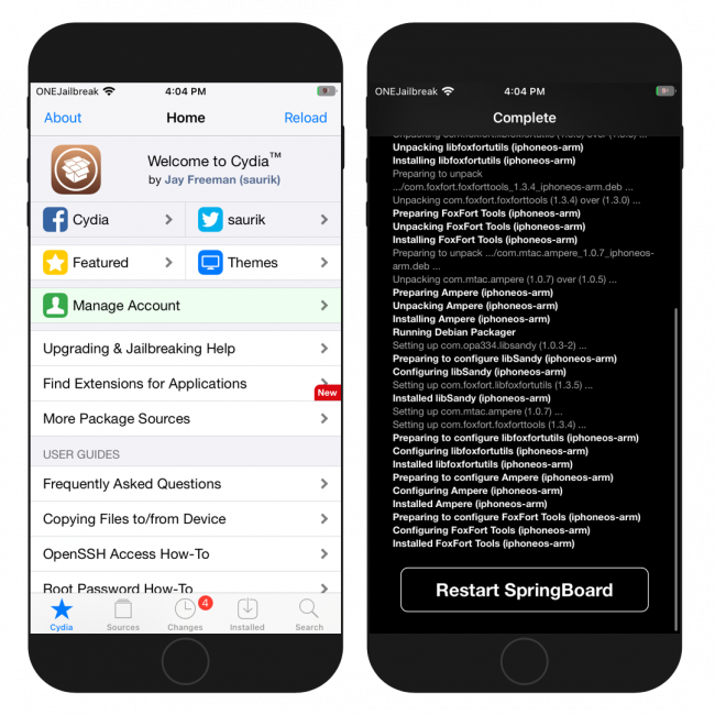 Two iPhone screens showing Cydia running on iOS 14 unc0ver jailbreak.