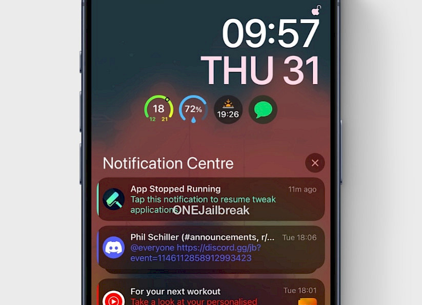 Screenshot von Jailbreak-Optimierungen, die auf dem iOS-Sperrbildschirm ausgeführt werden.