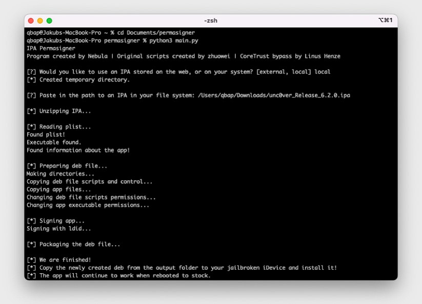 Screenshot des IPA-Permasigner-Skripts, das in der Terminal-App ausgeführt wird.