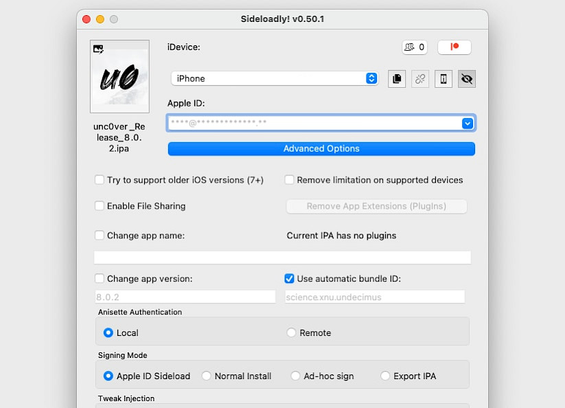 Screenshot von Sideloadly, das unc0ver IPA installiert.