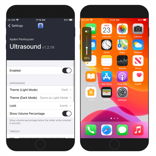 Two iPhone screens showing the Ultrasound tweak configuration pane and volume HUD look.