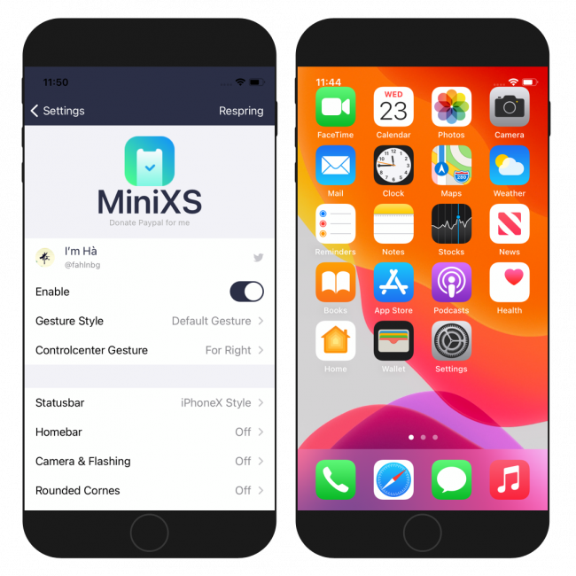 Two iPhone screens showing the MiniXS tweak preferences page and refreshed Home Screen.