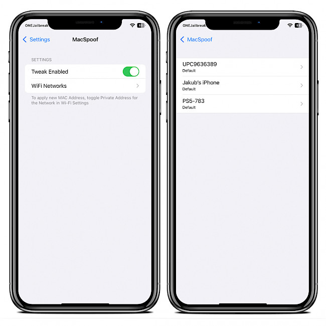Two iPhone screens showing the MacSpoof tweak preference pane on iOS 15.