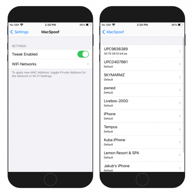 Two iPhone screens showing the MacSpoof tweak preference pane in Settings app on iOS 14.