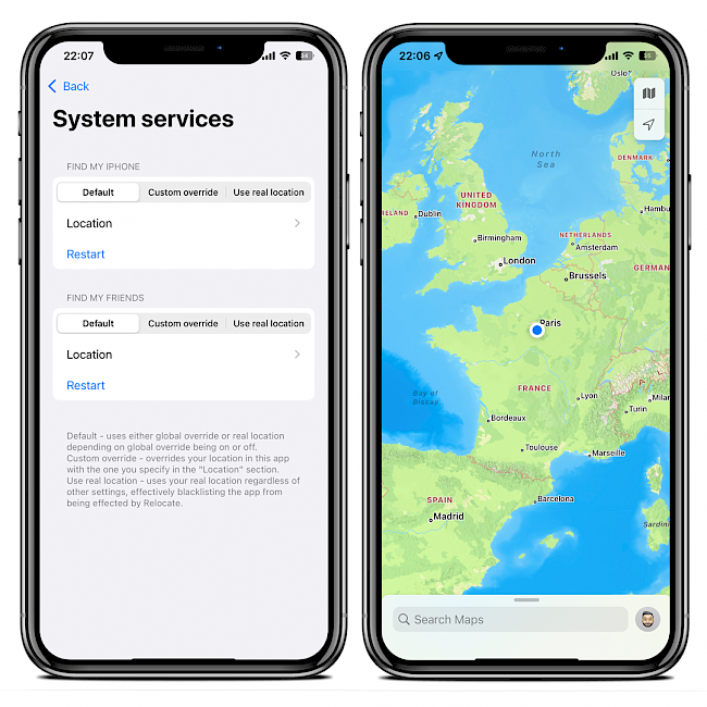 Two iPhone screens showing how to set fake location with Relocate Reborn tweak on iOS 15.