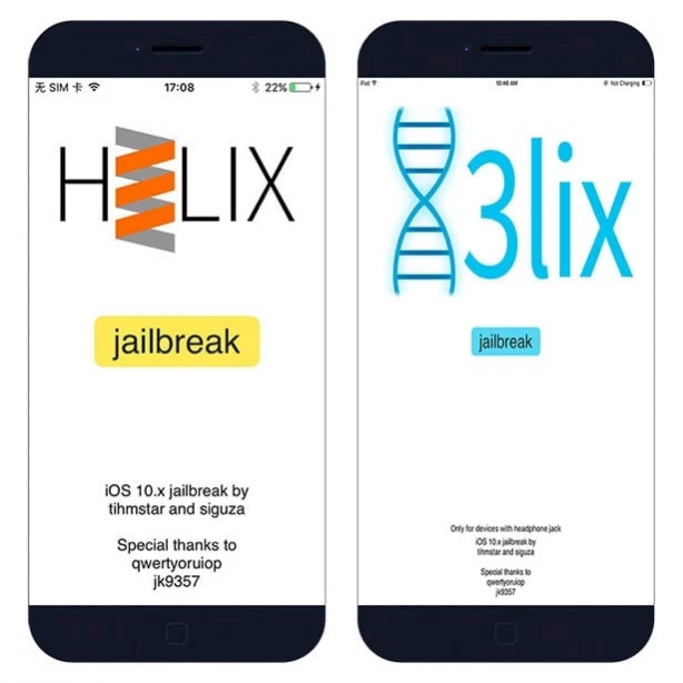 Two iPhone screens showing H3lix Jailbreak app interface running on iOS 10.