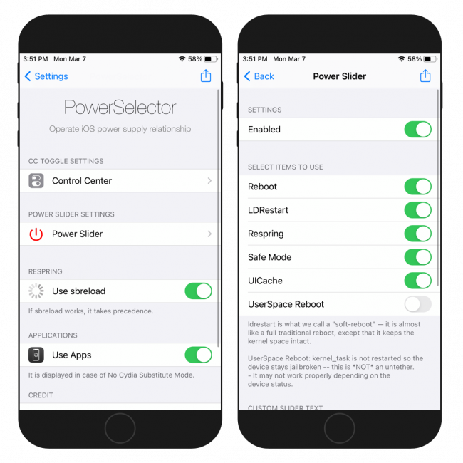 Two iPhone screens showing the PowerSelector Settings toggles on iOS 14.