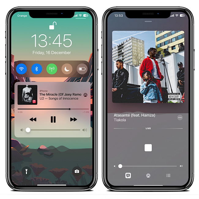 Two iPhone screens showing Mitsuha Forever tweak animation running on Lock Screen and in app.