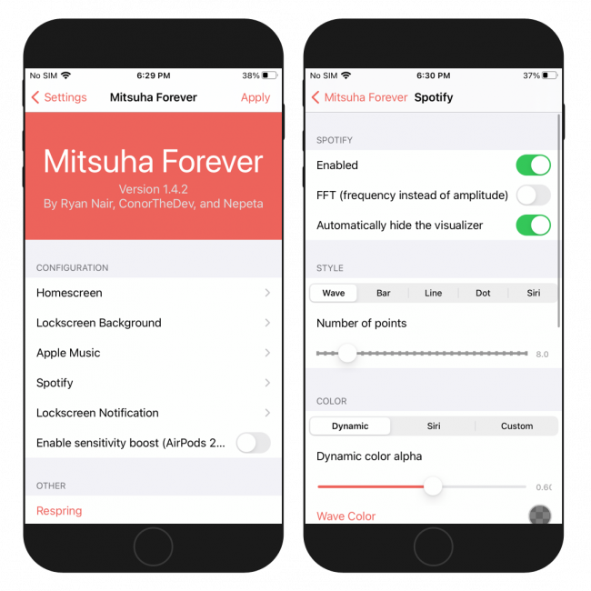 Two iPhone screens showing Mitsuha tweak configuration pane in the Settings app.