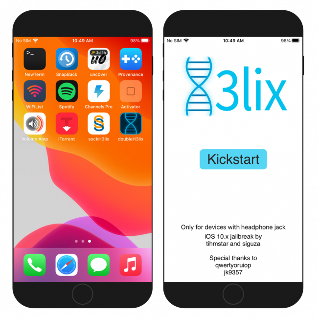 Two iPhone screens showing the doubleH3lix jailbreak app on iOS 10.
