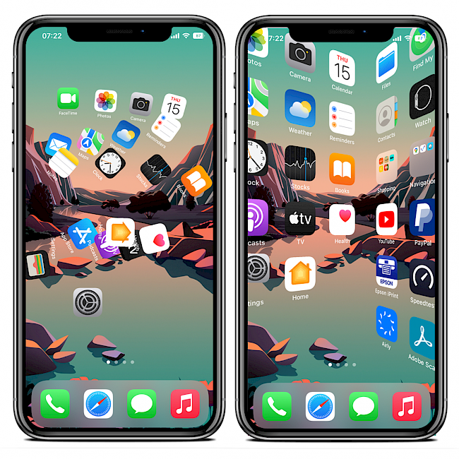 Two iPhone screens showing Home Screen with Cylinder tweak animations running on iOS 15.