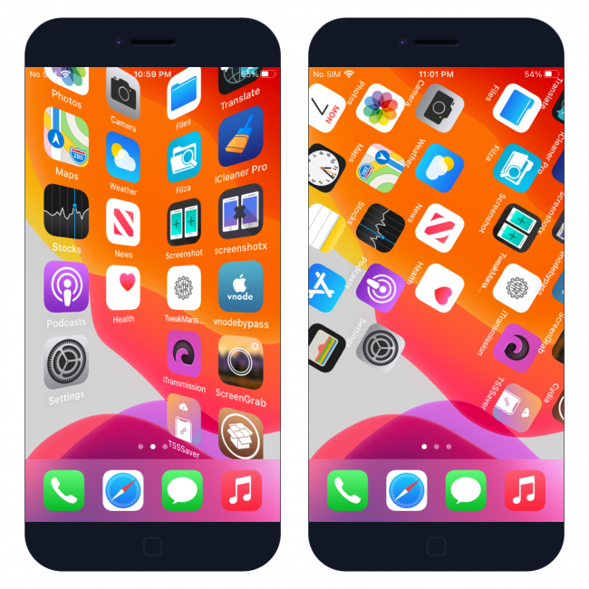 Two iPhone screens showing the Cylinder Reborn tweak effects on iOS 14 Home Screen.