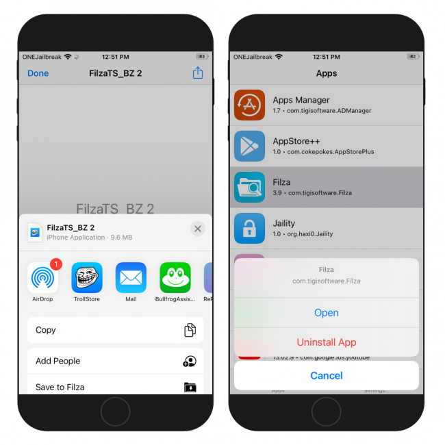 Two iPhone screens showing Filza for iOS 15 installation process without jailbreak through the TrolleStore app.