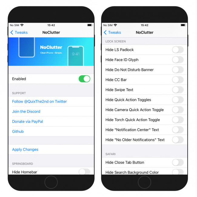 Two iPhone screens showing NoClutter tweak preference pane in Settings app.