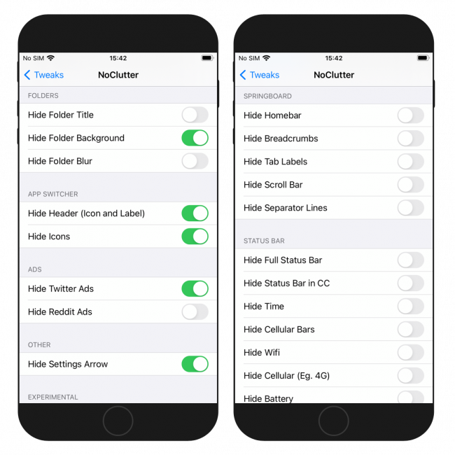 Two iPhone screens that shows NoClutter tweak configuration options.