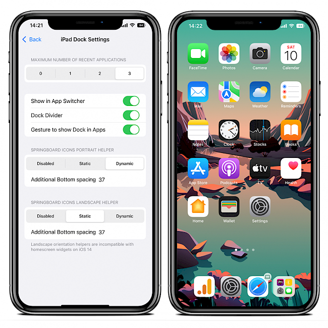 Two iPhone screens showing Dock Controller iPad Dock style enabled on iOS 15 Jailbreak.