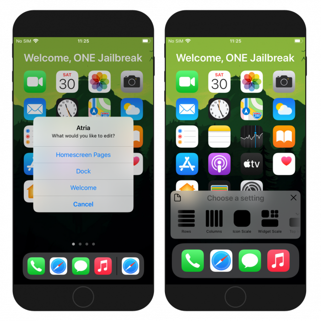 Two iPhone screens showing Atria home screen layout configuration options.
