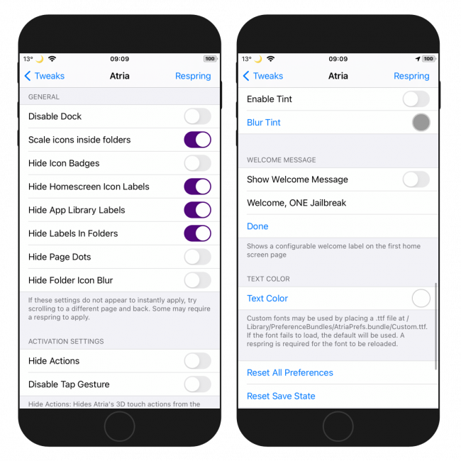 Two iPhone screens showing Atria tweak preference page in Settings app.